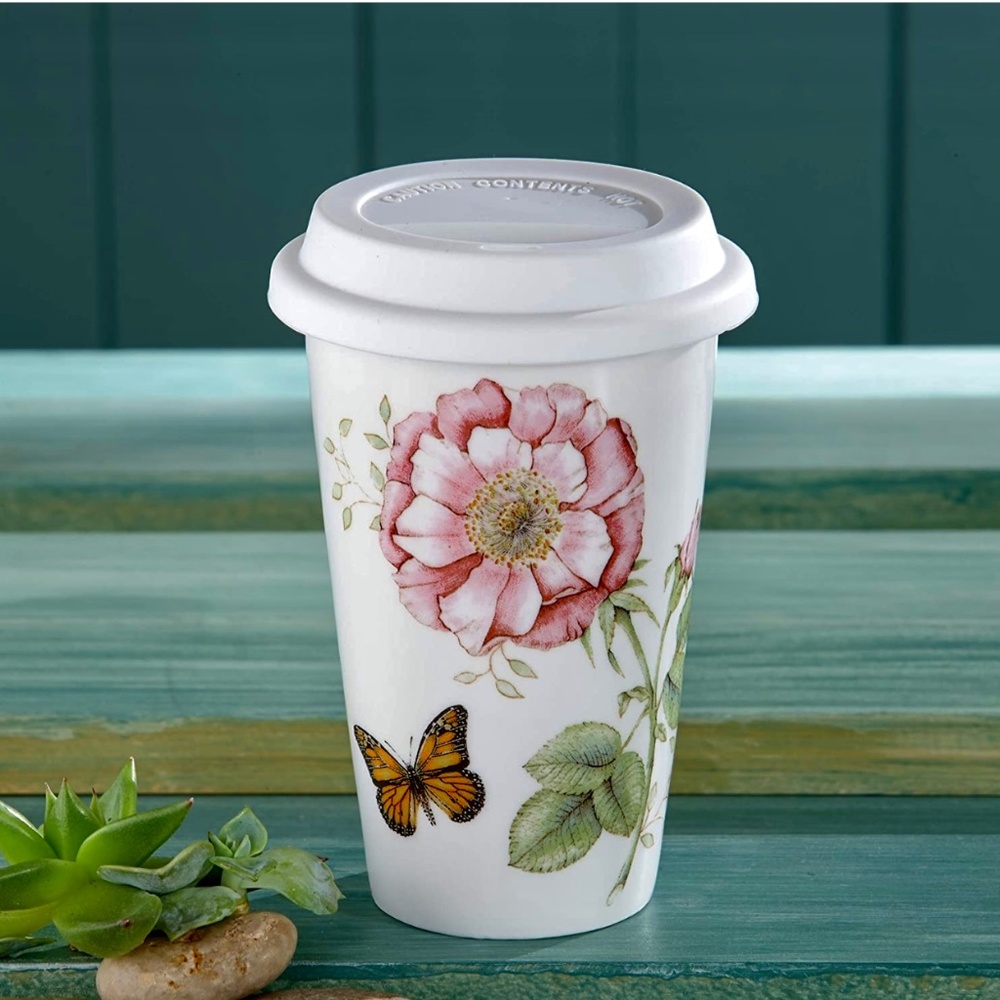 NIB LENOX Travel Mug Butterfly Meadow Thermal 10 OZ Cottagecore Pink Floral